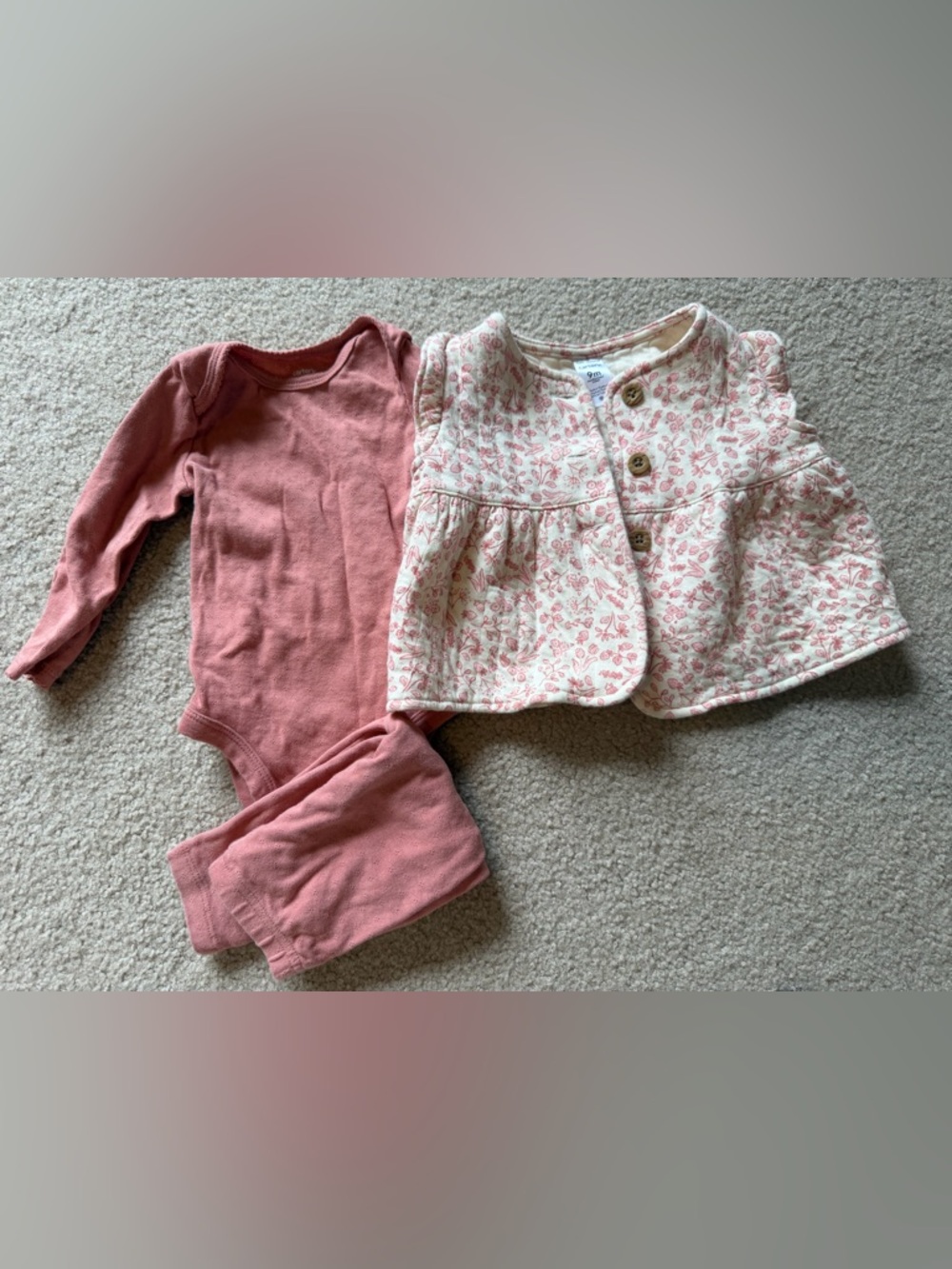 Carter's Cream Floral Quilted Vest with Dusty Pink Bodysuit Set